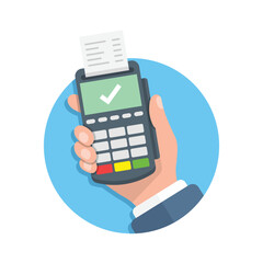 Male hand holding POS payment machine icon in flat style. Online payment vector illustration on isolated background. Banking transaction sign business concept.