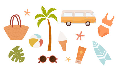 Colorful summer elements collection:bag,starfish,palm tree,sunglasses,ball,bikini,ice cream,umbrella,surfboard,sunscreen.Vector illustration cartoon flat style.