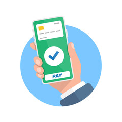 Mobile payment in hand illustration in flat style. Online shopping vector illustration on isolated background. NFC pay sign business concept.