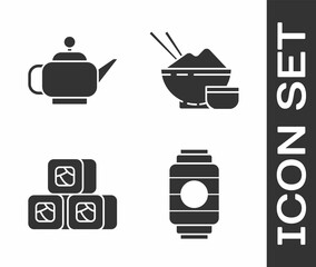 Set Japanese paper lantern, Japanese tea ceremony, Sushi and Rice in a bowl with chopstick icon. Vector