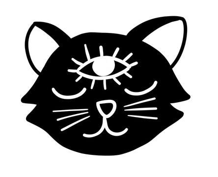 Witchcraft cat. Mystery black and white vector illustration