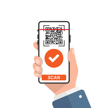 QR Code Scan Illustration In Flat Style. Mobile Phone Scanning Vector Illustration On Isolated Background. Barcode Reader In Hand Sign Business Concept.