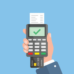 Male hand holding POS payment machine icon in flat style. Online payment vector illustration on isolated background. Banking transaction sign business concept.