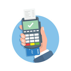 Male hand holding POS payment machine icon in flat style. Online payment vector illustration on isolated background. Banking transaction sign business concept.