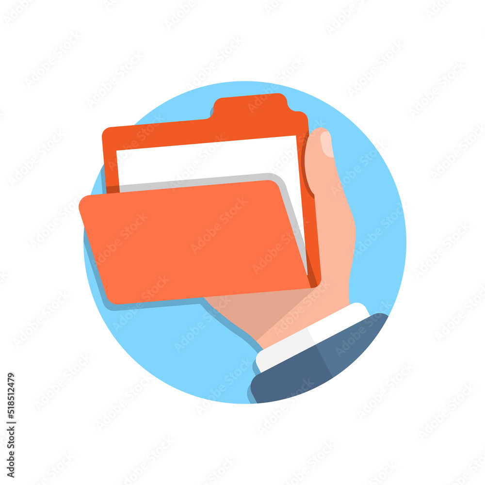 Aufkleber computer folder in hand illustration in flat style. document archive vector illustration on isolated