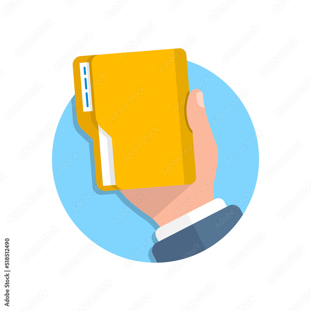 Aufkleber computer folder in hand illustration in flat style. document archive vector illustration on isolated
