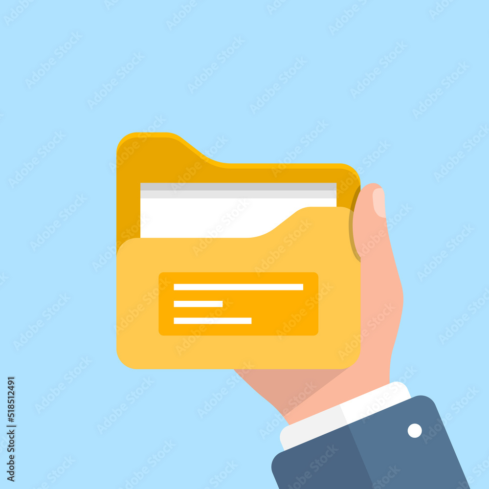 Aufkleber computer folder in hand illustration in flat style. document archive vector illustration on isolated