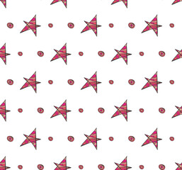 Star decorative shapes seamless patterns. Hand drawn doodle cartoon design, zentangle elements. Girls power pink red colors palette. Transparent background. Vector