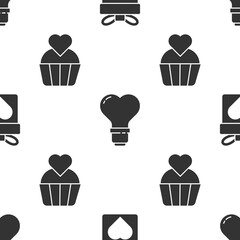 Set Gift box with heart, Heart shape in a light bulb and Wedding cake with heart on seamless pattern. Vector