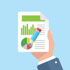 Contract document with pencil in hand illustration in flat style. Report vector illustration on isolated background. Paper sheet sign business concept.
