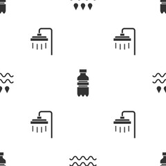 Set Wave with water drop, Bottle of and Shower on seamless pattern. Vector