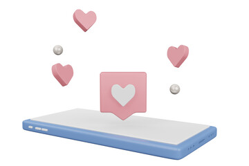 3D smartphone White screen  with heart bolloon  , mobile phone 3d render illustration