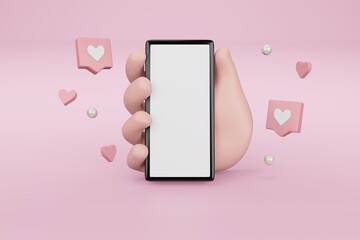 3D smartphone White screen mockup with gift box and heart ,Hand holding mobile phone with pink Background 3d render illustration