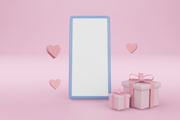 3D smartphone White screen mockup with gift box and heart ,mobile phone 3d render illustration2