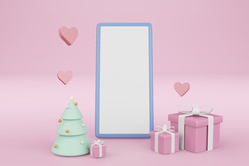 3D smartphone White screen mockup with gift box and heart pink background, mobile phone 3d render illustration