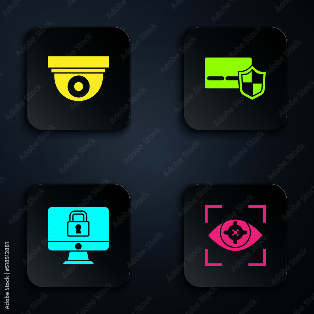 Poster set eye scan, security camera, lock on monitor and credit card with shield. black square button. vec