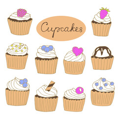Cupcakes set vector illustration, hand drawing doodles colored