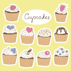 Cupcakes stickers set vector illustration, hand drawing doodles