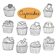 Cupcakes set vector illustration, hand drawing doodles
