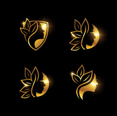 Golden Beauty Girl and Leaf Symbol Logo Sign