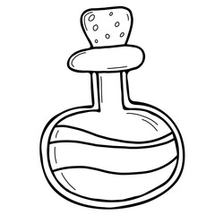 magic potion bottle. Vector illustration in linear doodle style. Isolated element on white background. outline drawing for design and decor