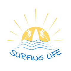 label template or logo for surfing life with text. Vector illustration of a seascape with a blue wave and palm trees with the sun