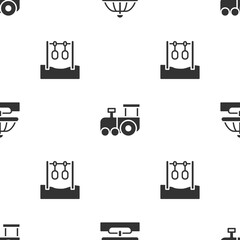 Set Attraction carousel, Toy train and Gymnastic rings on seamless pattern. Vector