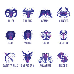12 horoscope - Modern shape purple blue zodiac astrology simple icon sign with star around collection vector design - obrazy, fototapety, plakaty