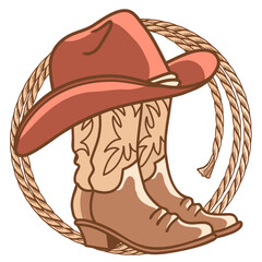 Cowboy paper background for text. Vector western illustration with cowboy boots and hat and lasso on wood texture. - obrazy, fototapety, plakaty