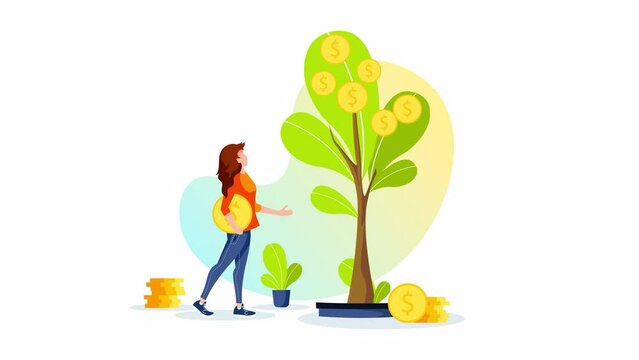 Growing tree with coins and woman picking cash from the money tree. Making money, Profit and income, financial success, investment concept. Animation video.