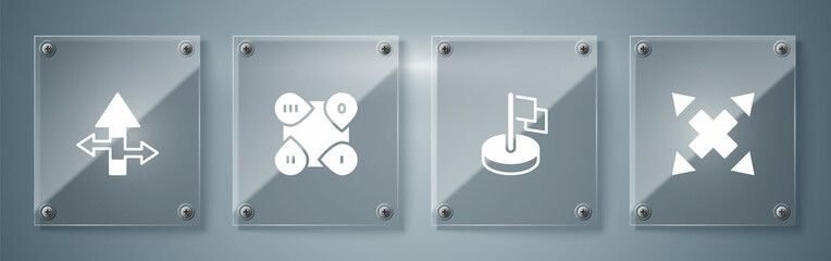 Set Many ways directional arrow, Flag, Infographic element and Arrow. Square glass panels. Vector