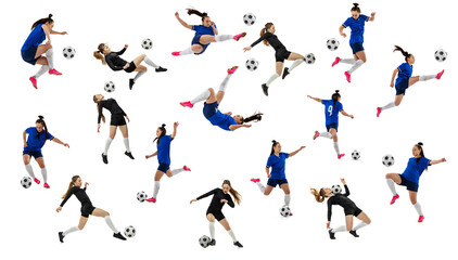 Fototapeta na wymiar Set of dynamic images of female professional football soccer players with ball in motion, action isolated on white studio background. Sport concept