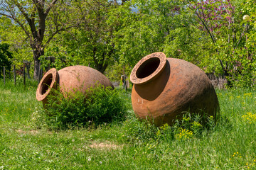 Georgian traditional jugs kvevri for wine, outdoor