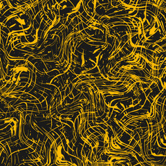 Yellow grungy oblique wavy stripes backdrop. Distress texture of spots, stains, ink, dots, scratches. Vintage damaged backdrop. Dirty artistic design element for print, template and background