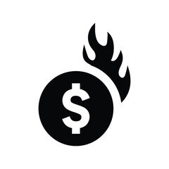 Fire, danger, dollar icon. Black vector graphics.