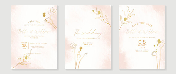 Fototapeta na wymiar Luxury fall wedding invitation card template. Watercolor card with gold line art, eucalyptus, leaves branches, foliage. Elegant autumn botanical vector design suitable for banner, cover, invitation.