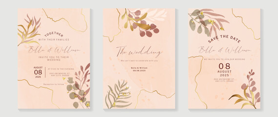 Luxury fall wedding invitation card template. Watercolor card with gold line art, eucalyptus, leaves branches, foliage. Elegant autumn botanical vector design suitable for banner, cover, invitation.