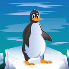 Cartoon Penguin is on the in the ocean in North Pole, vector illustration