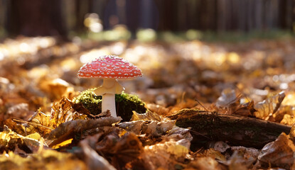 amanita muscaria mushroom in autumn leaves close up, natural blurred forest background. Fly agaric,...
