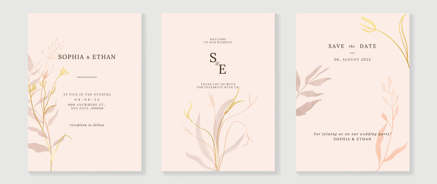 Luxury Fall Wedding Invitation Card Template. Watercolor Card With Gold Line Art, Flowers, Leaves Branches, Foliage. Minimal Autumn Botanical Vector Design Suitable For Banner, Cover, Invitation.