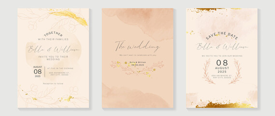 Luxury fall wedding invitation card template. Watercolor card with gold line art, flowers, leaves branches, foliage. Minimal autumn botanical vector design suitable for banner, cover, invitation.