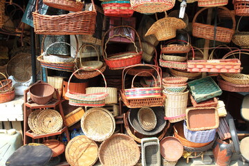 Various shapes and sizes of woven bamboo and rattan baskets sell in traditional markets.