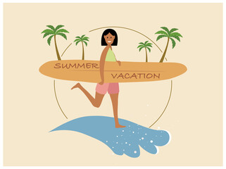 Summer flat logo. Girl with a surf and palm trees on a wave.