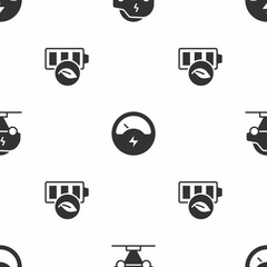 Set Electric car, Voltmeter and Eco nature leaf battery on seamless pattern. Vector