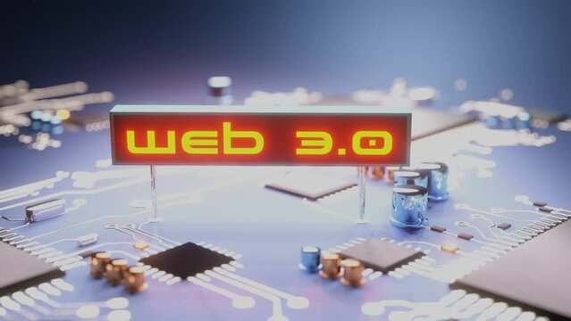 Web 3.0 futuristic 3d animation. Web 3.0 text glowing over motherboard with components and cpu processor 3d render concept animation.