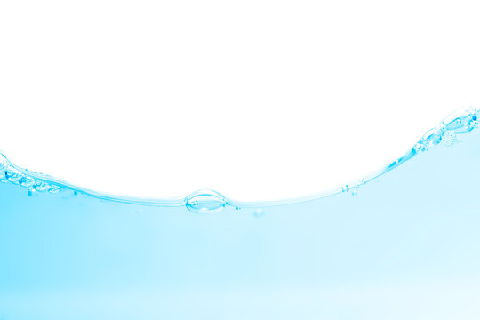 Blue water surface, ripple, wave and bubbles isolated on white background.