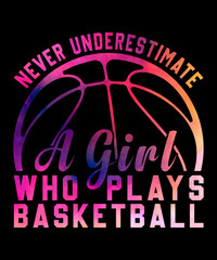 Never underestimate a girl who plays basketball T shirt design with editable vector graphic