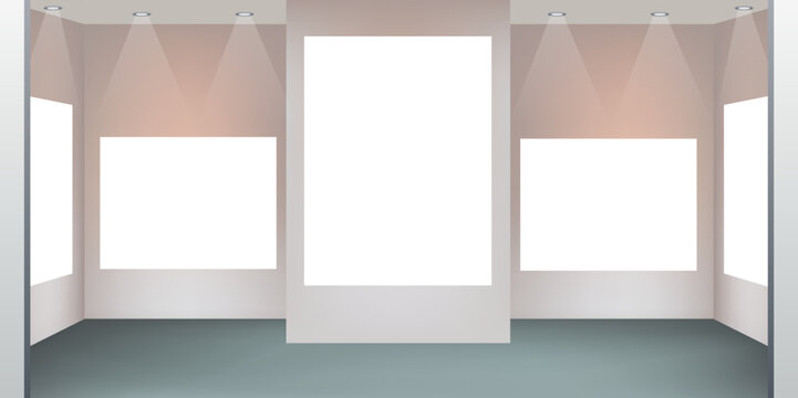Illustration vectorielle pour la présentation d’œuvres d’art dans un musée, avec un mur et un éclairage pour une mise en situation des tableaux.