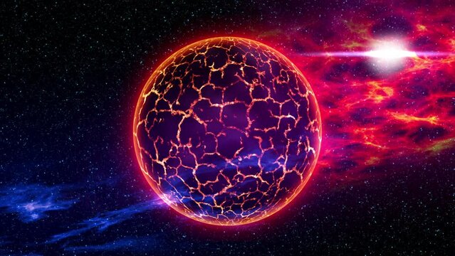 Rotaing Red planet or Red Dwarf star dying at nubula - 3D animation. Hot lava on the planet. Seamless loopable animation.