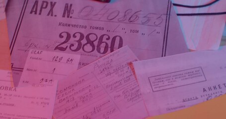 There camera documenting activities. Accumulation of data on the person involved in case Documents scattered table. The inscription questionnaire, seal is secret. CZ, Kladno, Polska, 19.4.22.